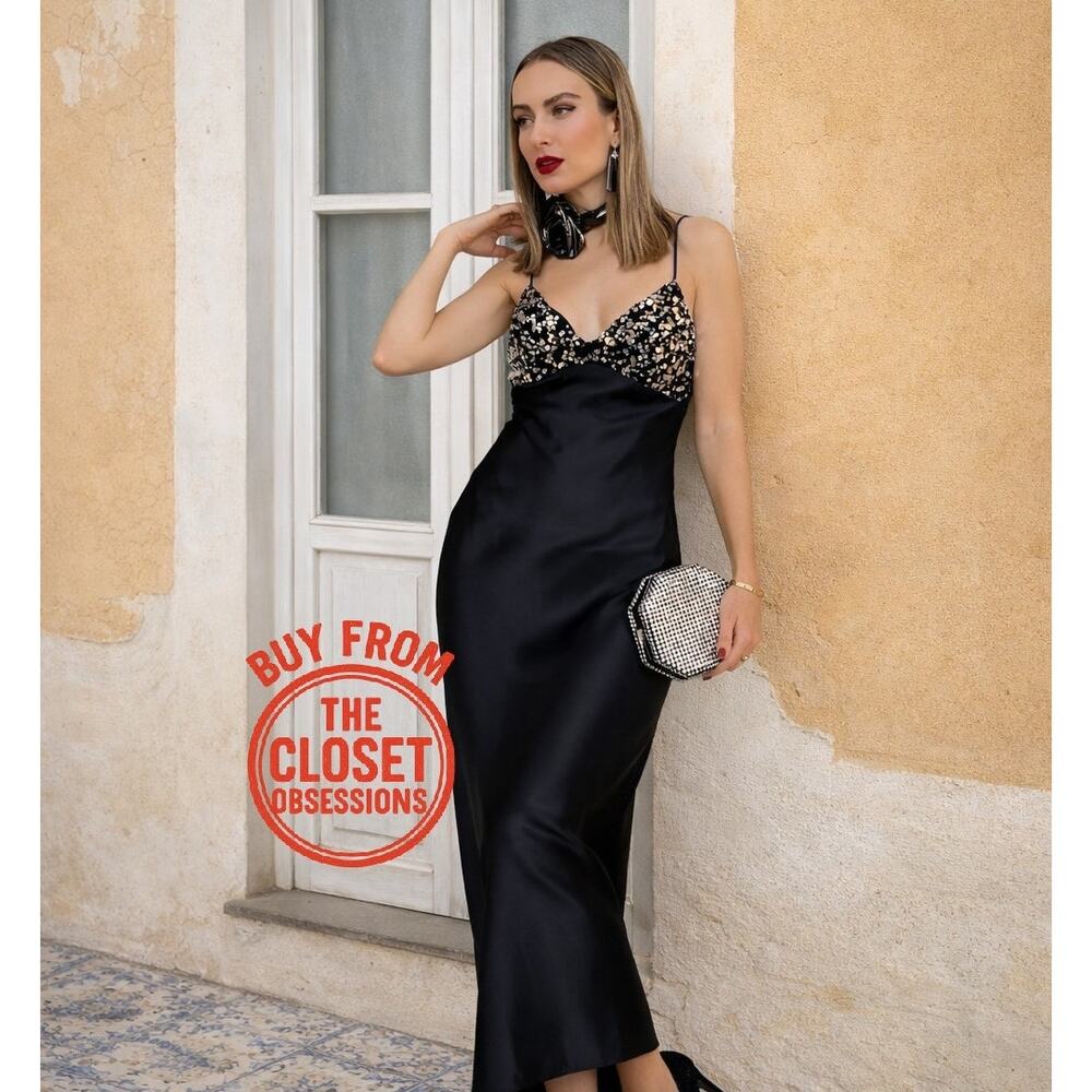 ZARA Black Satin Sequin Bust Midi Dress NWT Wedding Guest Cocktail Dress L